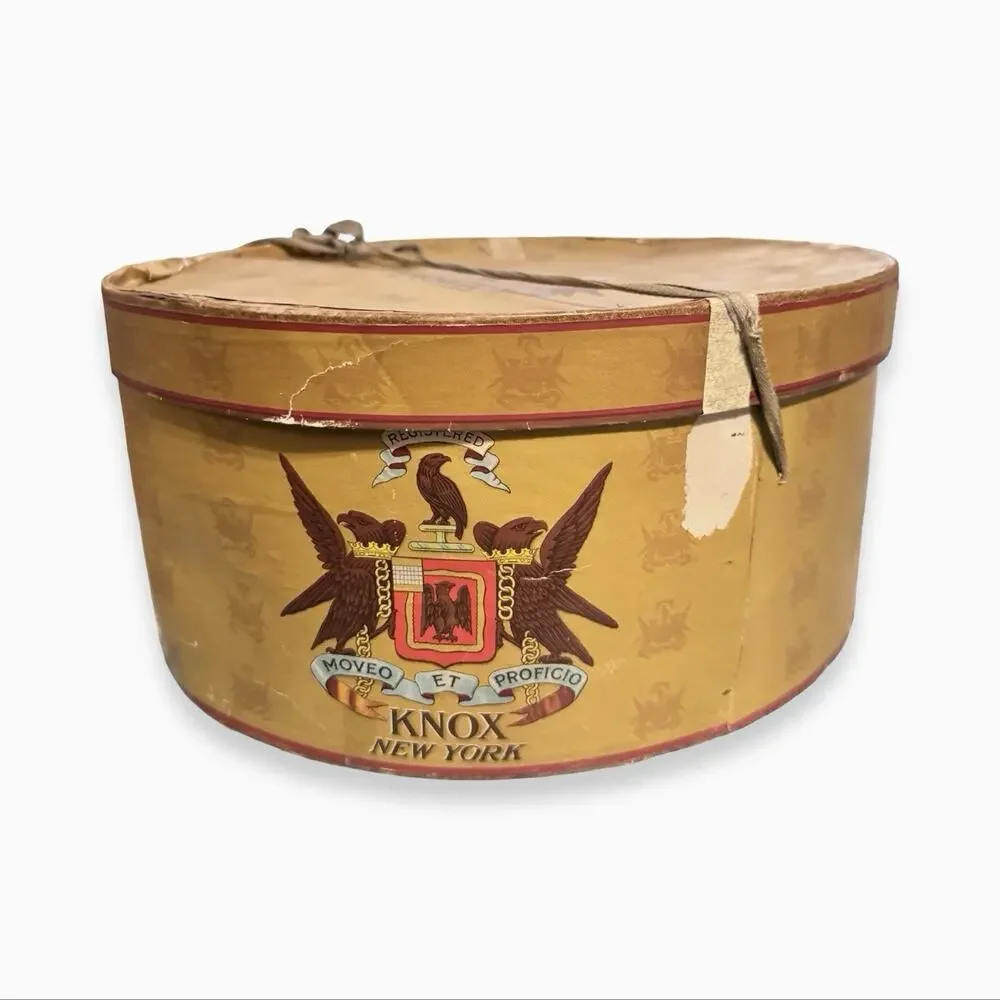 Vintage 1940s-50s Knox New York Hat Box Gold Cardboard Eagle Crest 14.75”